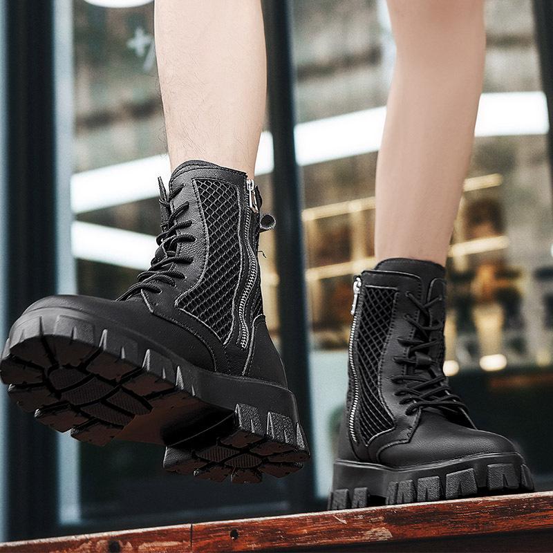 Martin boots men's white hollow breathable high-top shoes thin boots men's thick-soled inner height increase Chelsea men's boots