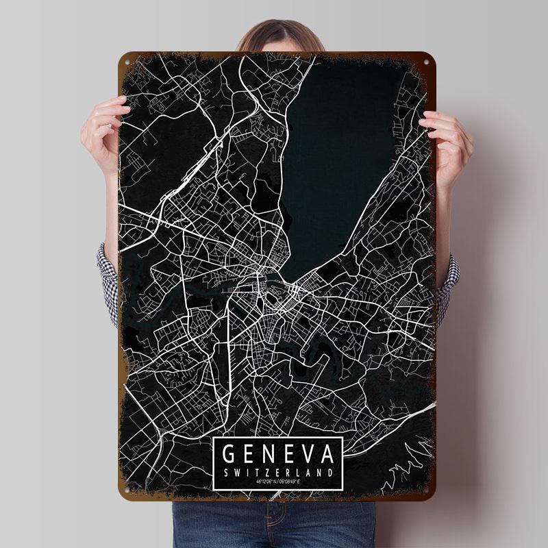 Geneva City Map Switzerland Dark Printing Poster Customized Retro Wall Art Vintage Metal Signs for Room Home Decor Items House