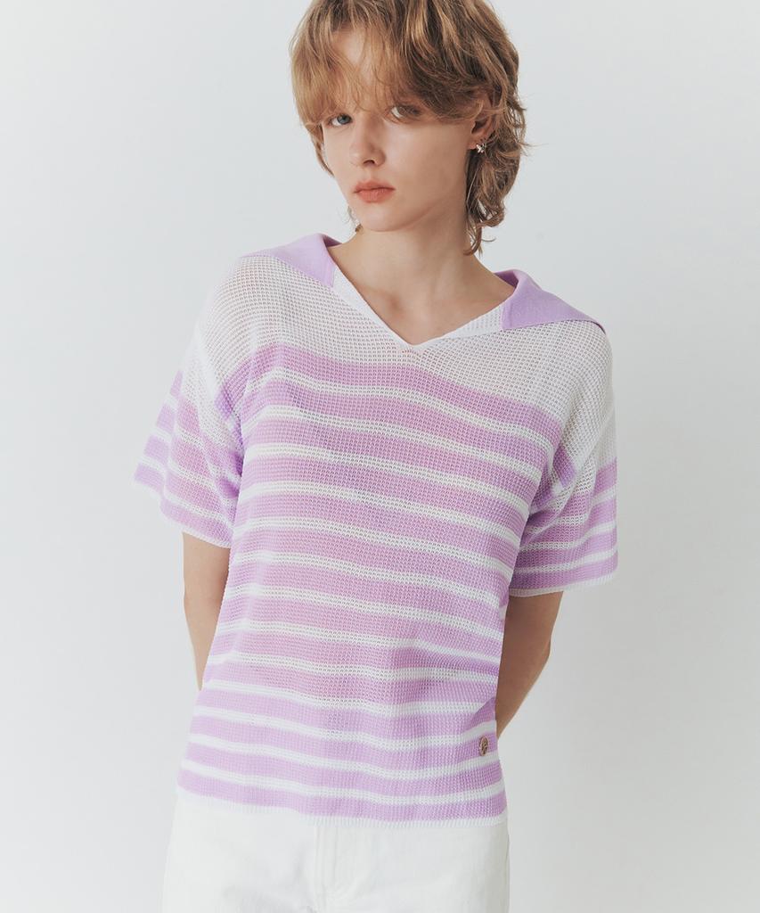 ARTID Striped Short Sleeve Knit Pullover_Lavender