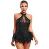 Womens Stage Performance Dancewear Halter Sleeveless Backless Shiny Sequins Feather Dance Leotard