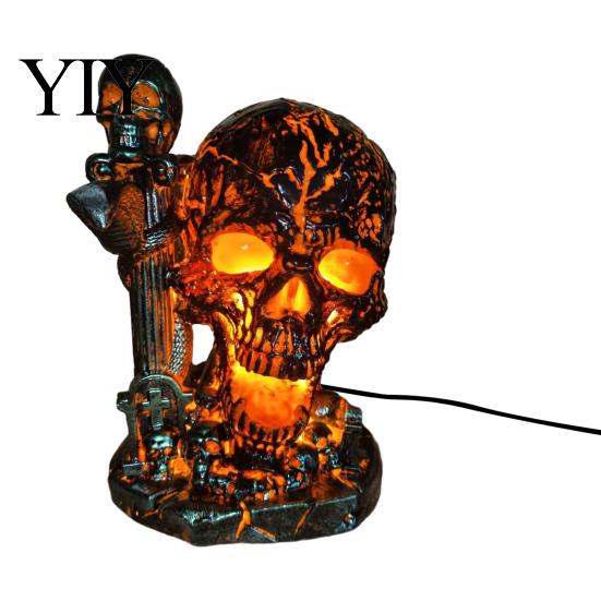Decorative Desk Lamp Skull Table Lamp, Halloween Glowing Skeleton Resin Figurine, Gothic Ambient Mysterious Bedroom Decor Night Light for Mantel Shelf