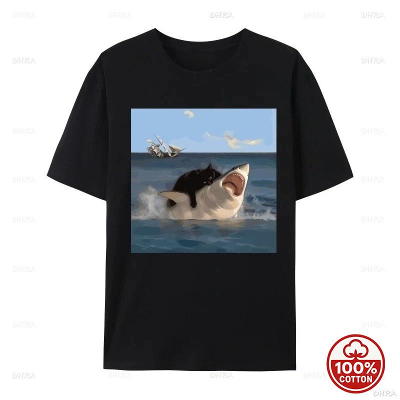 Cat Bites Shark Fun Art and Cat Lovers Fun Cat and Shark Print Tops Shirt Plain Tops Hip Hop Tshirts Unisex Soft Cotton Clothing