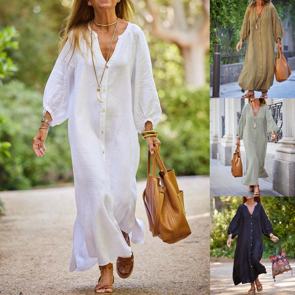 2025 Summer Women's V-neck Cotton Linen Dress: Casual European & American Vacation Style
