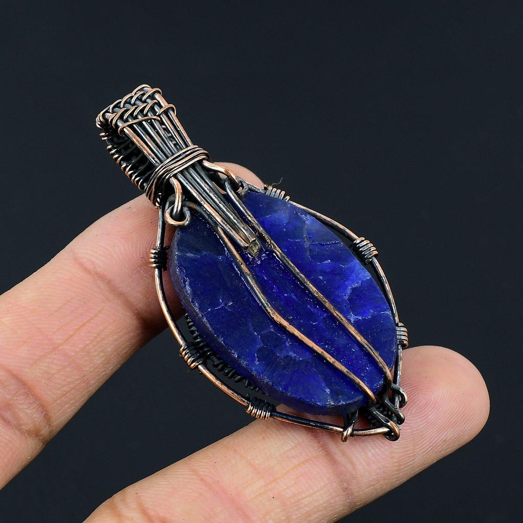 Кулон с синим сапфиром, Кулон с драгоценным камнем ручной работы, Кулон, обернутый медной проволокой 999 пробы, Антикварное украшение, Для подарка на помолвку