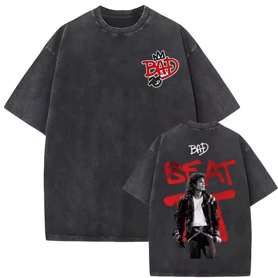 Unisex Harajuku Hip Hop Style Vintage Washed T shirt Printed With Pop King Michael Jackson Thriller Pattern T shirt