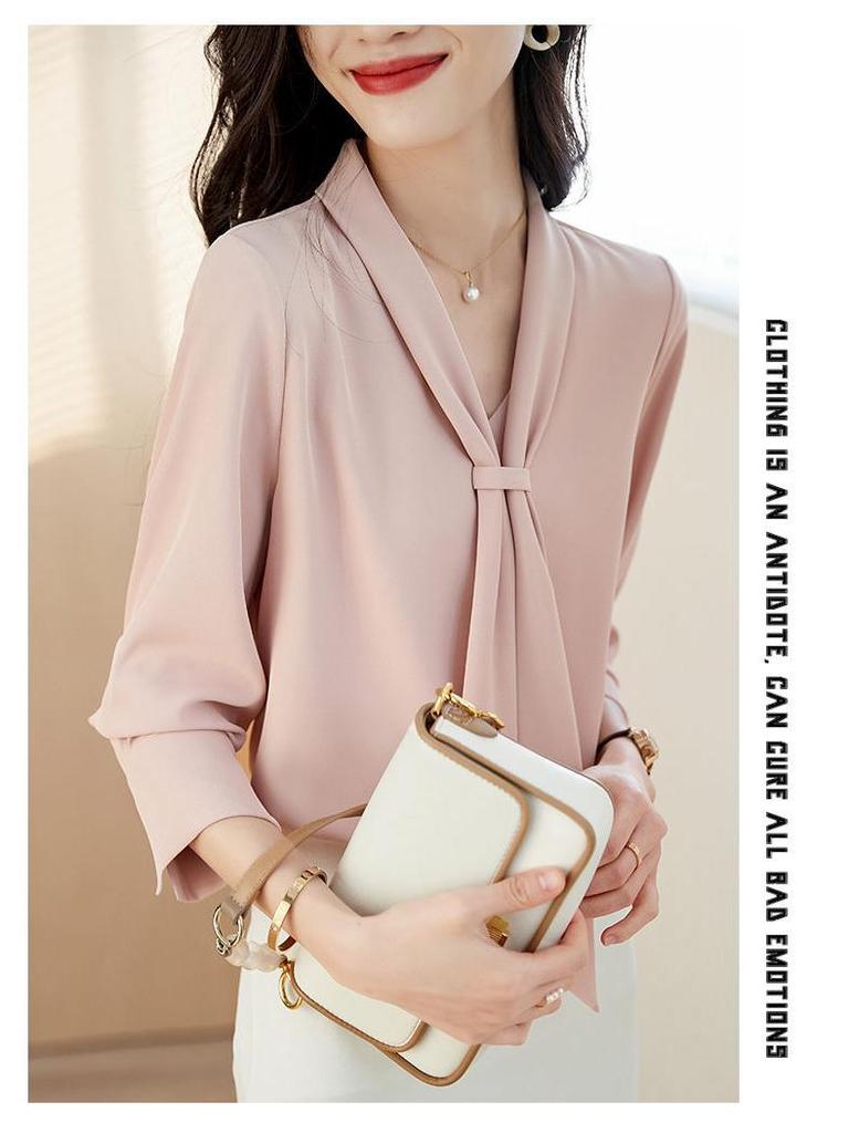 2024 High-End Women's Chiffon Ribbon Blouse - Slimming Long Sleeve, Versatile Spring/Autumn Fashion