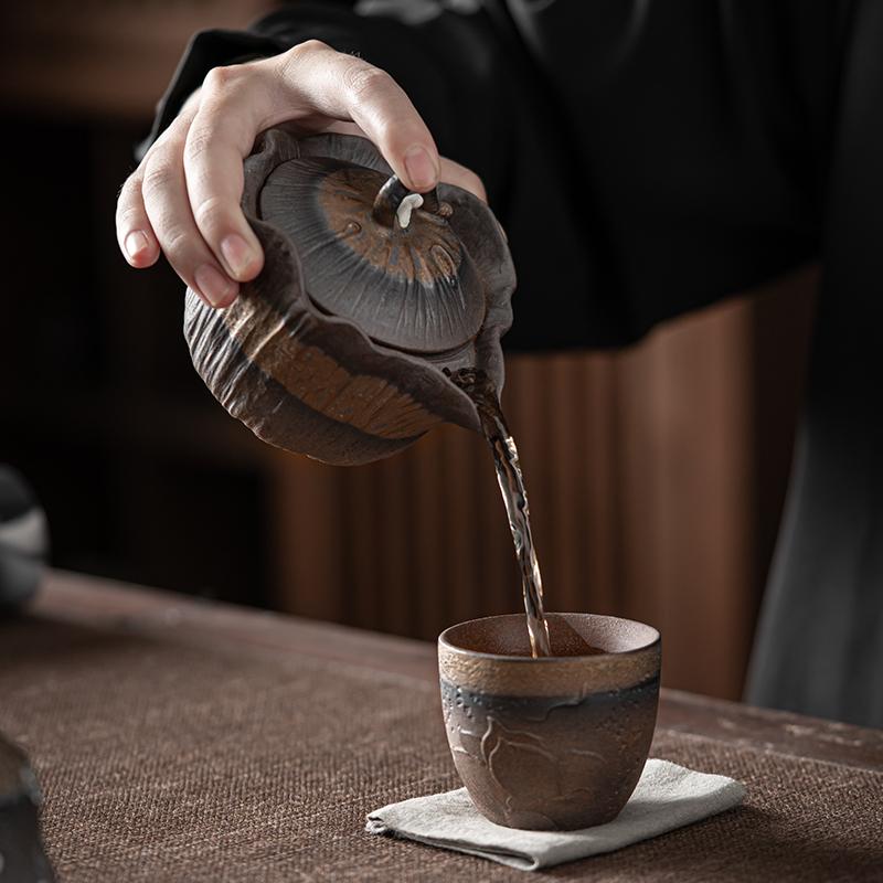 Ретро Керамический Чайник с Ручкой Bodhi Lotus Грубая Керамика Глянцевая Железная Глазурь Чайник для Заваривания Чая Высококачественный Чайник для Кунг-фу Чайная Церемония
