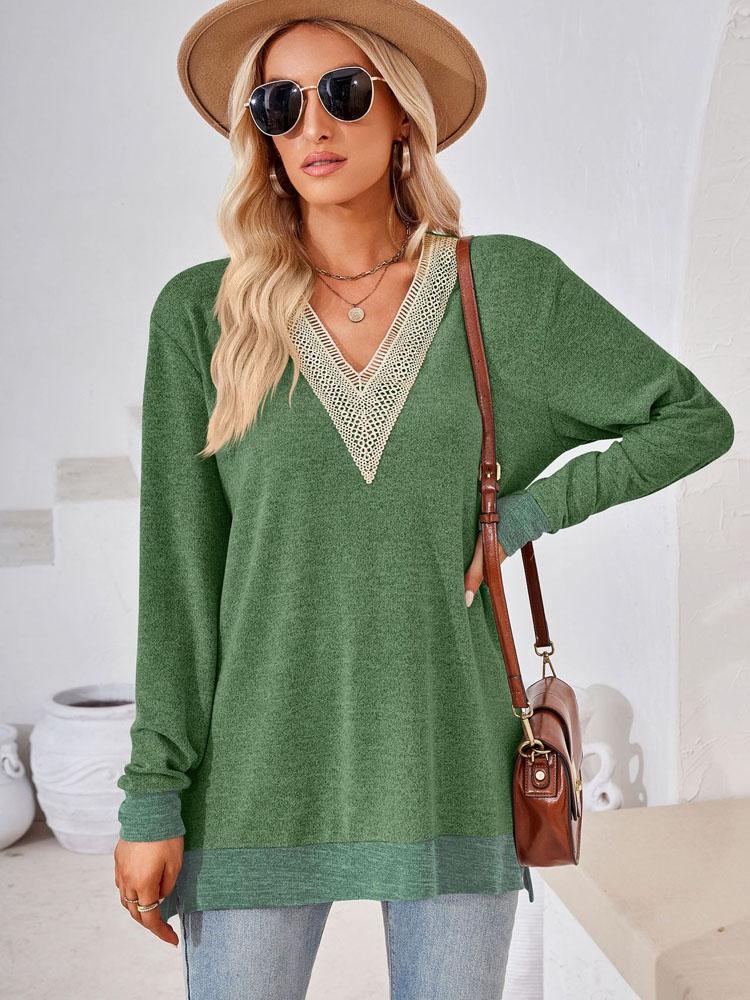 Элегантная и классическая универсальная и удобная осенне-зимняя свободная однотонная футболка с V-образным вырезом и кружевом, женская футболка с длинным рукавом