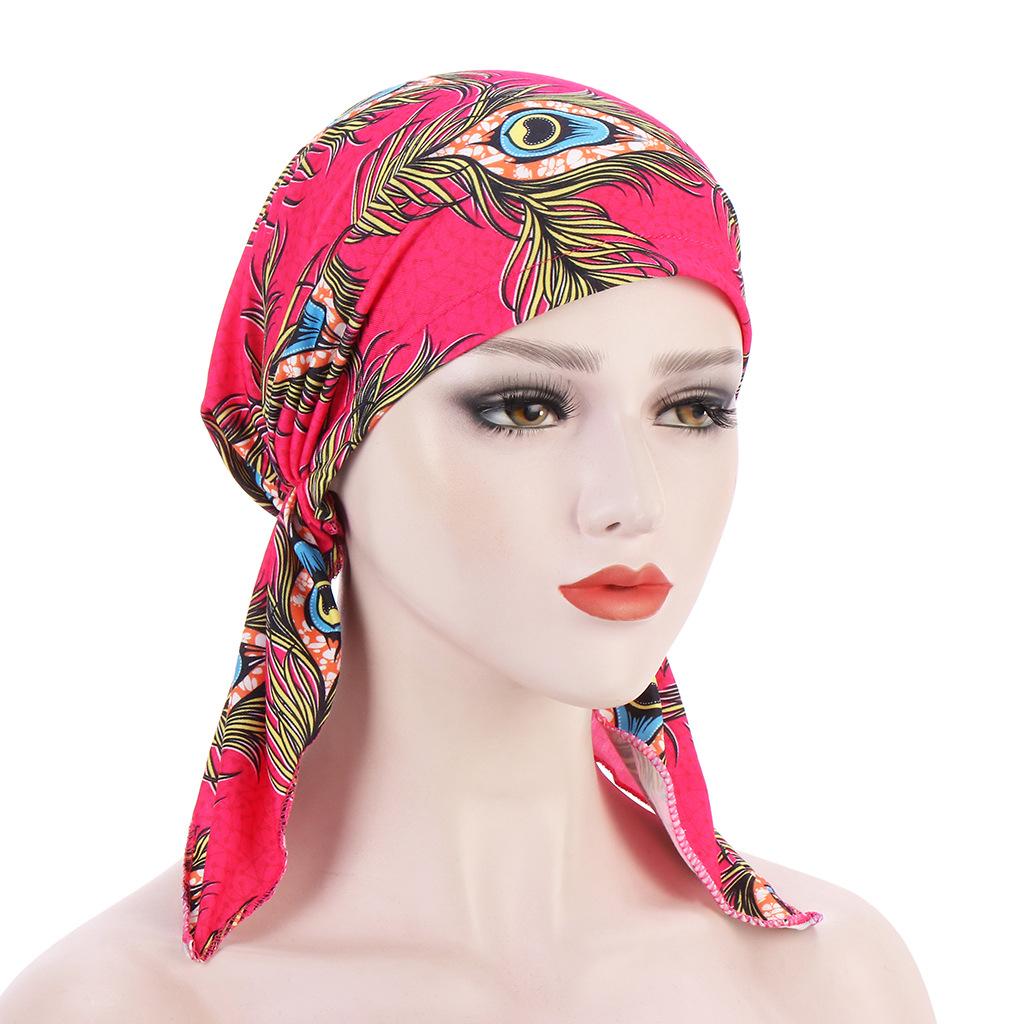 Woman Elastic Scarf Towel Hat Ladies Print Cashew Feather Cancer Chemotherapy Hat Bag Head Cap