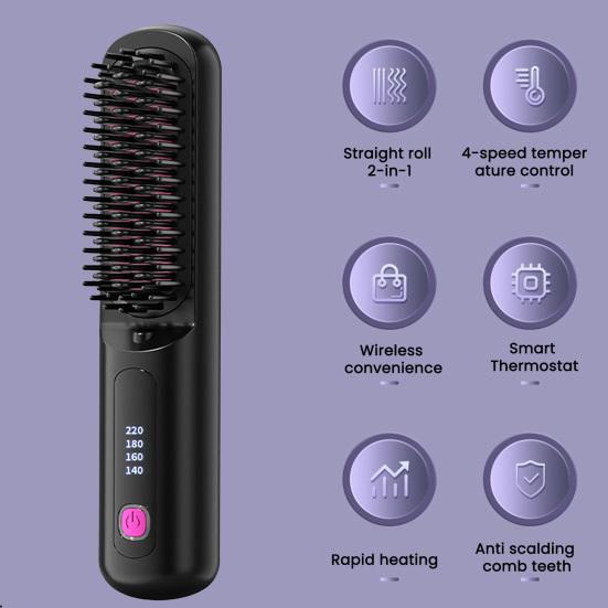 Cordless Hair Straightener Brush with 3 Temperature Settings Portable Mini Hair Straightening Comb Rechargeable Fast Heating Electric Hot Brush