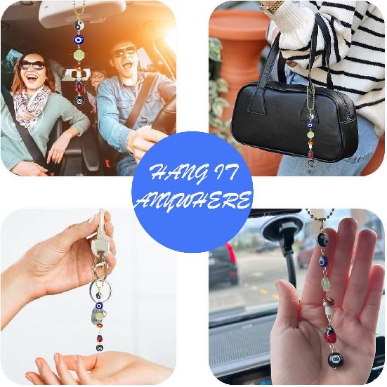 Evil Eye Car Hanging Ornament,Good Lucky Days Car Charm,8 Ball Mushroom Four-Leaf Clover Pendant for Car Rear View Mirror,Cute Boho Evil Eye Ladybug