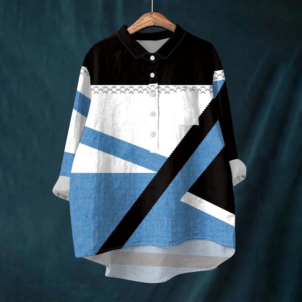 Женская рубашка-блузка с длинными рукавами и принтом на пуговицах, повседневный подол, нестандартный воротник рубашки