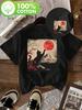 Women Vintage Japanese Art Print Cotton TShirt Black Cat Mount Cherry Moon Design Short Sleeve Crew Neck Casual Top