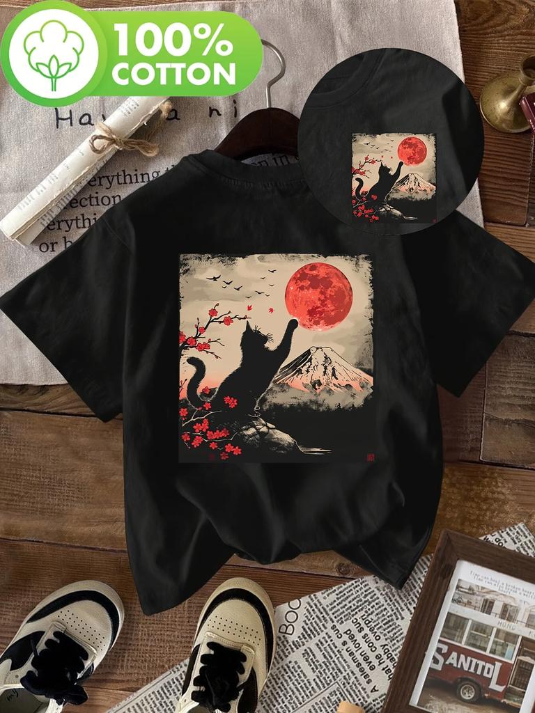 Women Vintage Japanese Art Print Cotton TShirt Black Cat Mount Cherry Moon Design Short Sleeve Crew Neck Casual Top