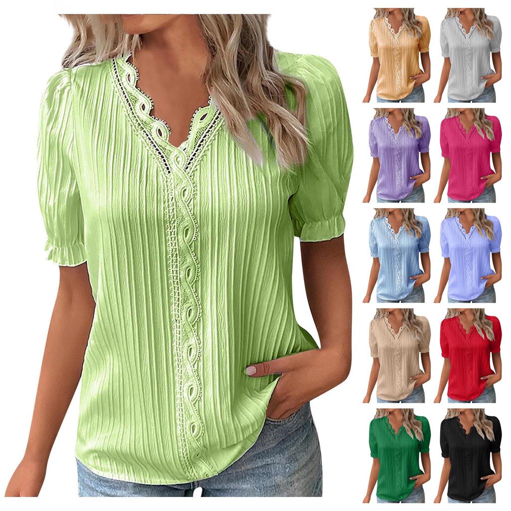 Summer Women's V-neck Lace Print Irregular Ruffle Light Casual Street Style Solid Color T-shirt Tops