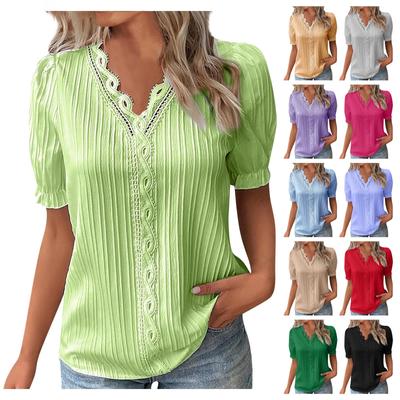 Летняя женская футболка с v-образным вырезом и кружевным принтом, нерегулярные оборки, легкая повседневная однотонная футболка в уличном стиле, топы