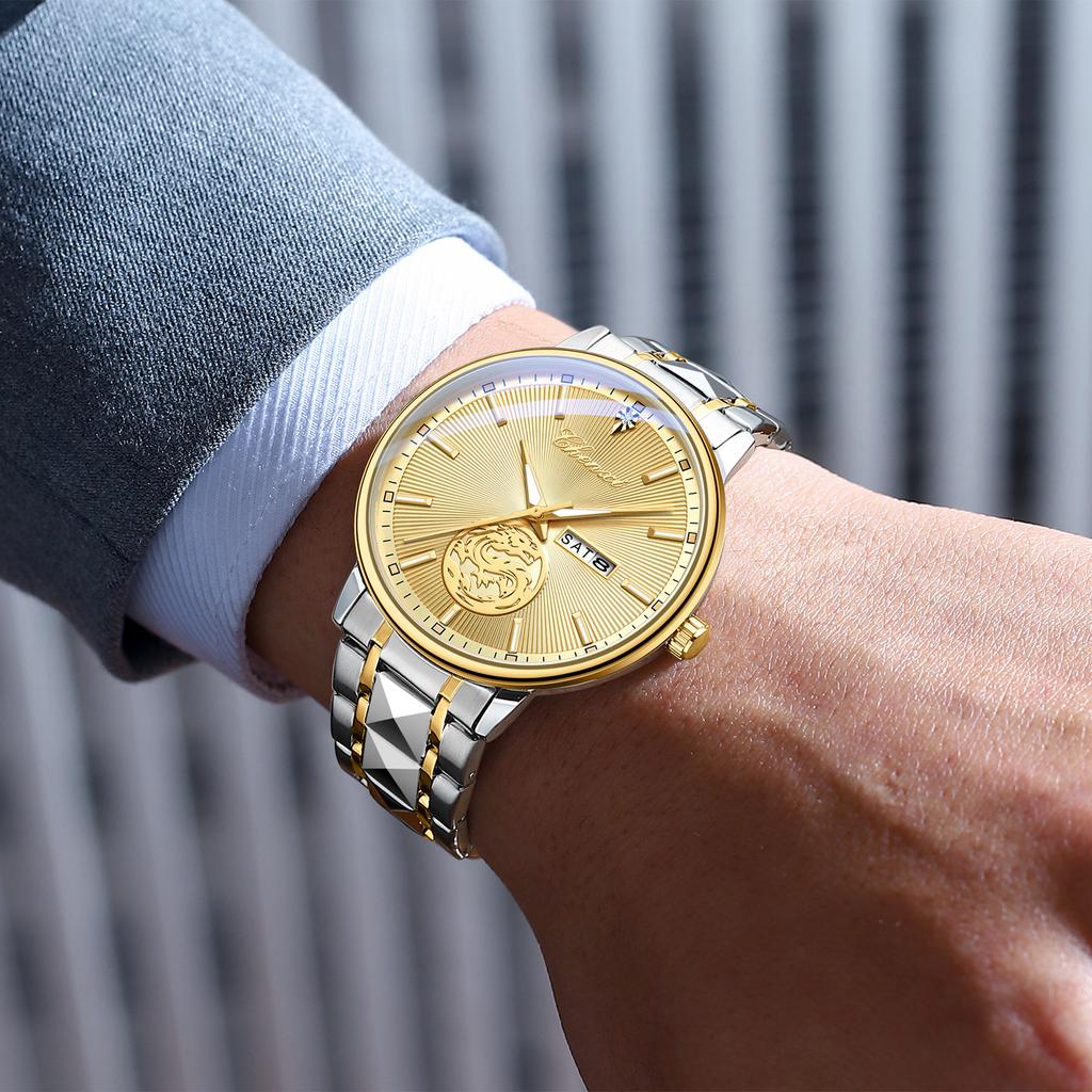 Chenxi Luxury Watch Men Golden Dragon Pattern Stainless Steel Fashion Quartz Wristwatches Curved Mirror Watches For Men Business