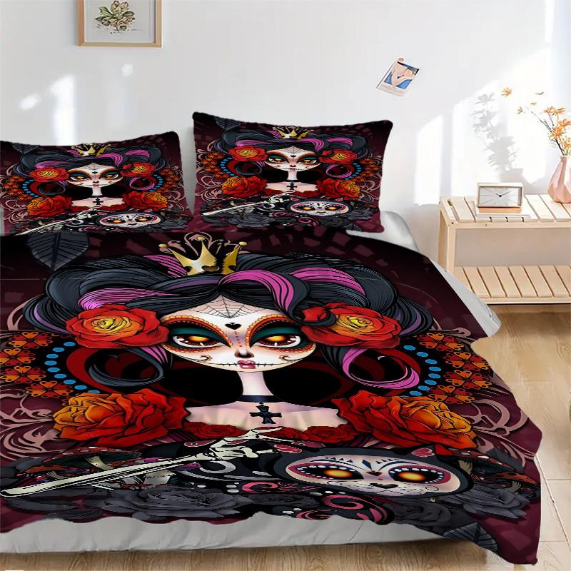 3pcs Sugar Skull Illustration Duvet Cover Set, Cover For Bedroom Guest Room (1 Duvet Cover + 2 Pillowcase, Without Quilt), yy250922204