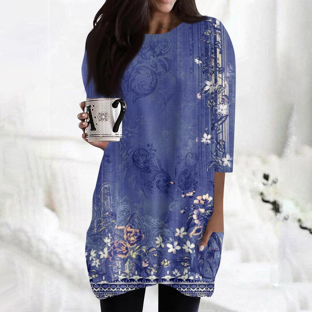 Женские повседневные рубашки с рукавами 3/4, модные туники с принтом, топы с карманами