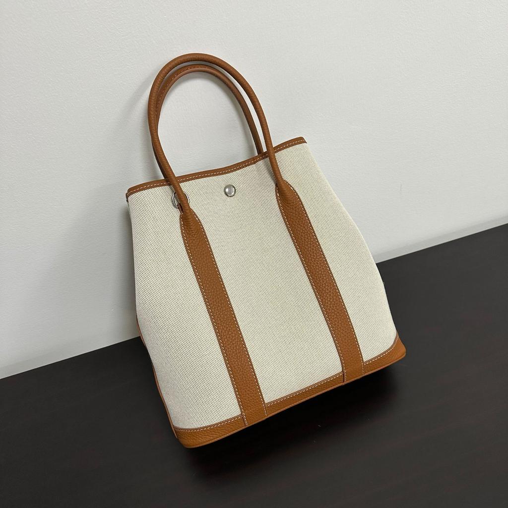 Vertical Canvas with First-layer Cowhide Garden Bag 36 Handbag Fashionable and Casual Lightweight Tote Bag Large-capacity Women's Bag