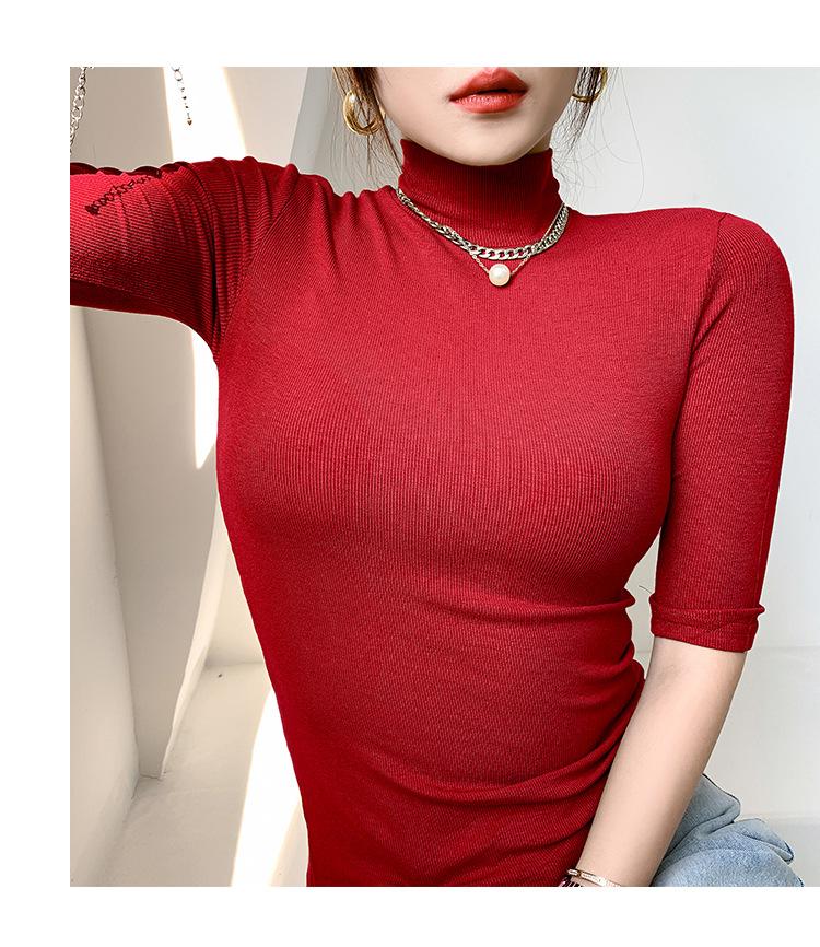 Cotton T-shirts For Women Turtleneck Short Sleeve Casual Elastic Slim Tee Shirts