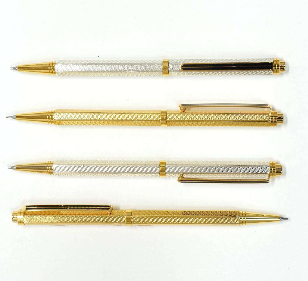 Brass hexagonal rotating engraved ballpoint pen and mechanical set of in a gold pencil, 2, high-quality box, K7-6KS-1-K