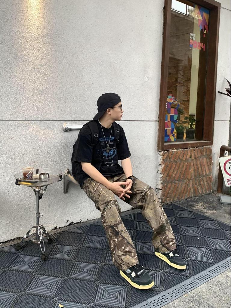 Унисекс Ретро Камуфляжные Потертые Рабочие Брюки - Прямые, Свободного Кроя, Повседневная Одежда для Отдыха на Природе