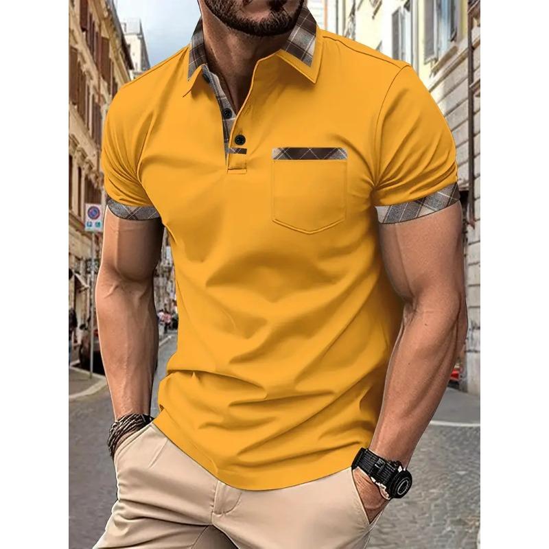 Мужская повседневная рубашка поло с нагрудным карманом, лацканами, пуговицами, деловая универсальная футболка с цветными блоками, рубашки поло с коротким рукавом для мужчин
