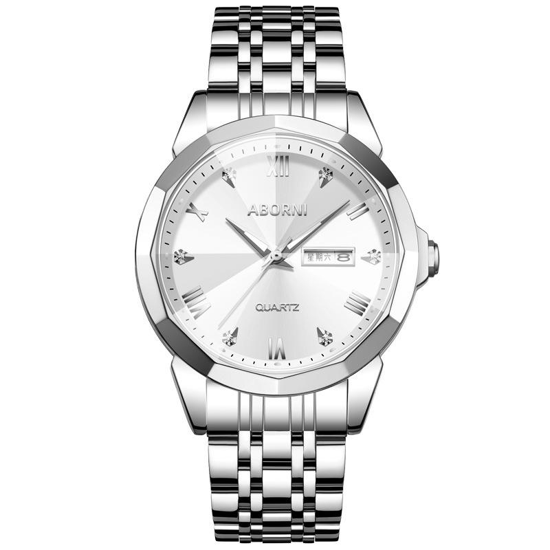 Мужские часы ABORNI, деловые наручные часы с двойным календарем, модные кварцевые мужские часы из зеркальной стали с бриллиантами и бриллиантами