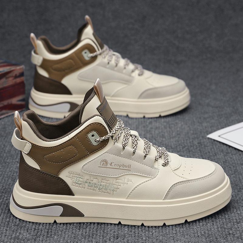 2024 новые мужские туфли осенние высокие скейтбордические туфли студенческие повседневные спортивные туфли мужские кожаные модные туфли с плоским дном