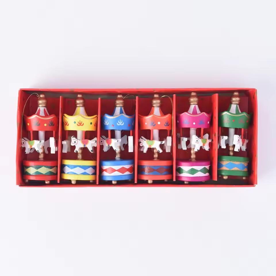 Christmas Wooden Carousel Horse Miniature Ornaments Christmas Tree Hanging Pendants New Year Gift Toy For Kid Home Party Decor