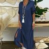 Women Casual Solid Denim Dress V-Neck Roll Sleeve Button Loose Long Dress