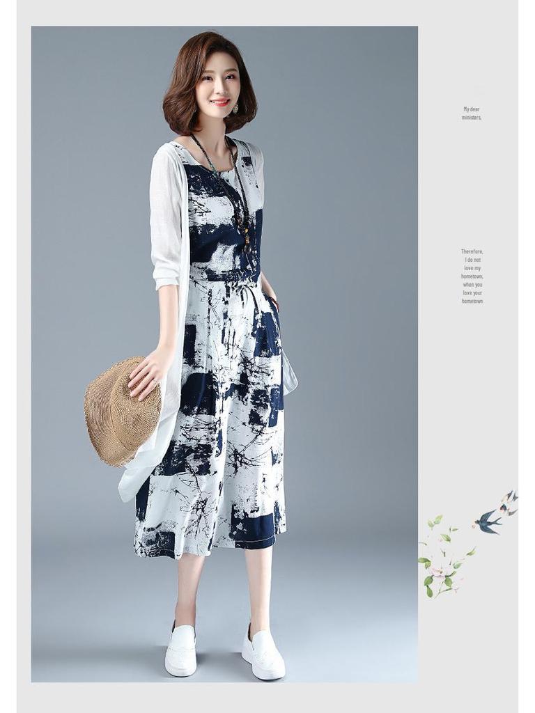 Женский летний костюм-двойка из хлопка и льна с шалью с принтом тушью, 2025