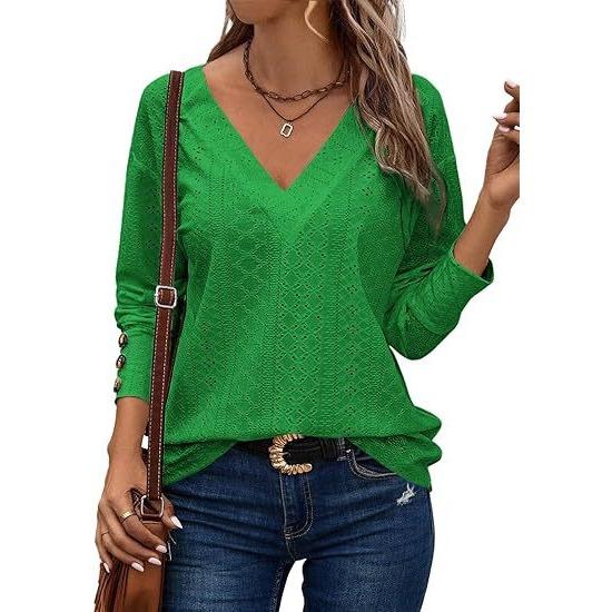 GMXIA Женская модная повседневная рубашка с V-образным вырезом и длинным рукавом, на пуговицах, с ажурной кружевной вышивкой