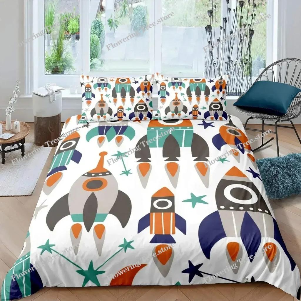 Комплект постельного белья «Ракета» King Size, комплект постельного белья «Космический корабль», микрофибра, космический корабль, звезды, планета, мультяшный стиль, пододеяльник