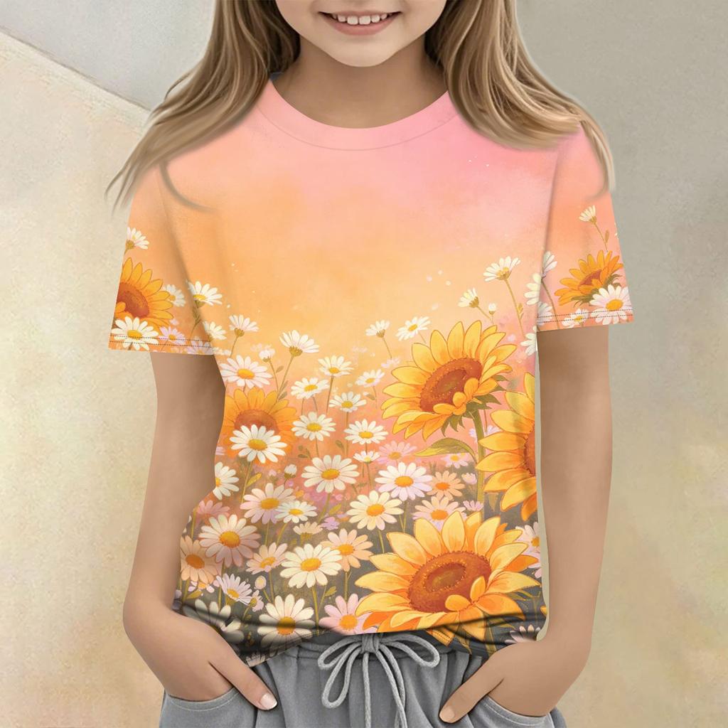 Children Floral Print Crew Neck Short Sleeve Casual Loose Fit T Shirt Top Comfortable Lightweight Fabric Suitable for Everyday Wear