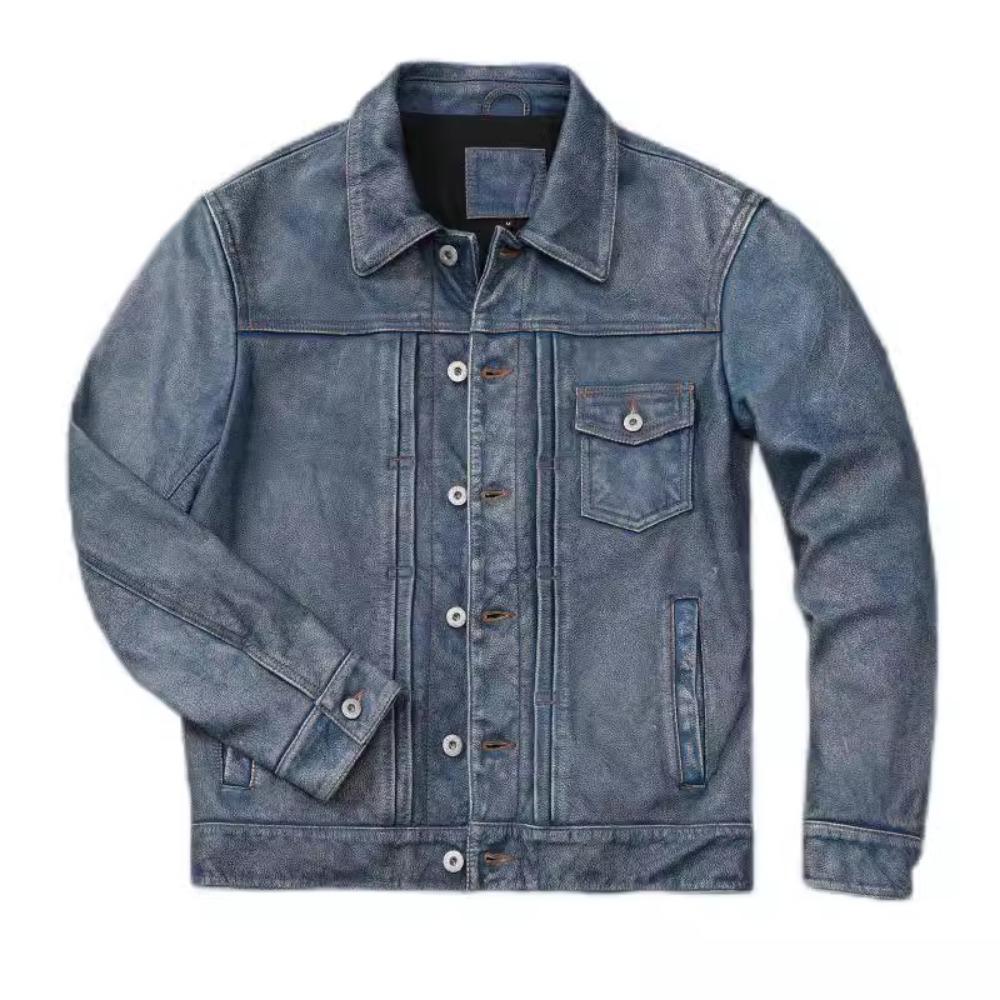 Китайский размер винтажная синяя натуральная кожаная куртка мужская 506 стиль Slim Fit короткая воловья кожа мужское кожаное пальто осень