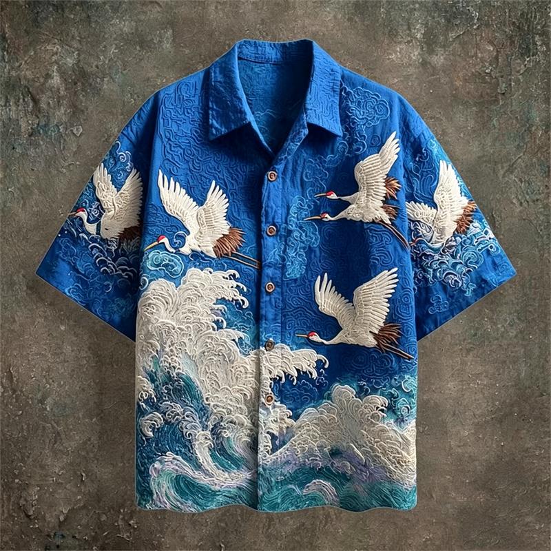 New Dark Green Embossed Dark Pattern Fabric with Flying Crane and Wave Printing for Men's Casual Short Sleeved Shirt