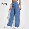 Женские джинсовые брюки с высокой талией, эластичные широкие джинсы с карманами, повседневные прямые джинсовые брюки на лето и осень