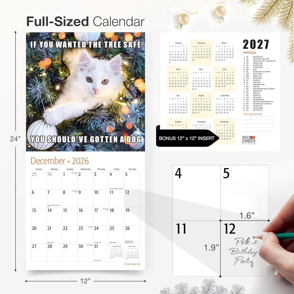 RED EMBER If Cats Could Talk 2026 Wall Calendar 12 Month | 12" x 24" Open | Thick & Sturdy Paper | Holiday Gift | Meme Kids Kitten Funny Cat Calendar