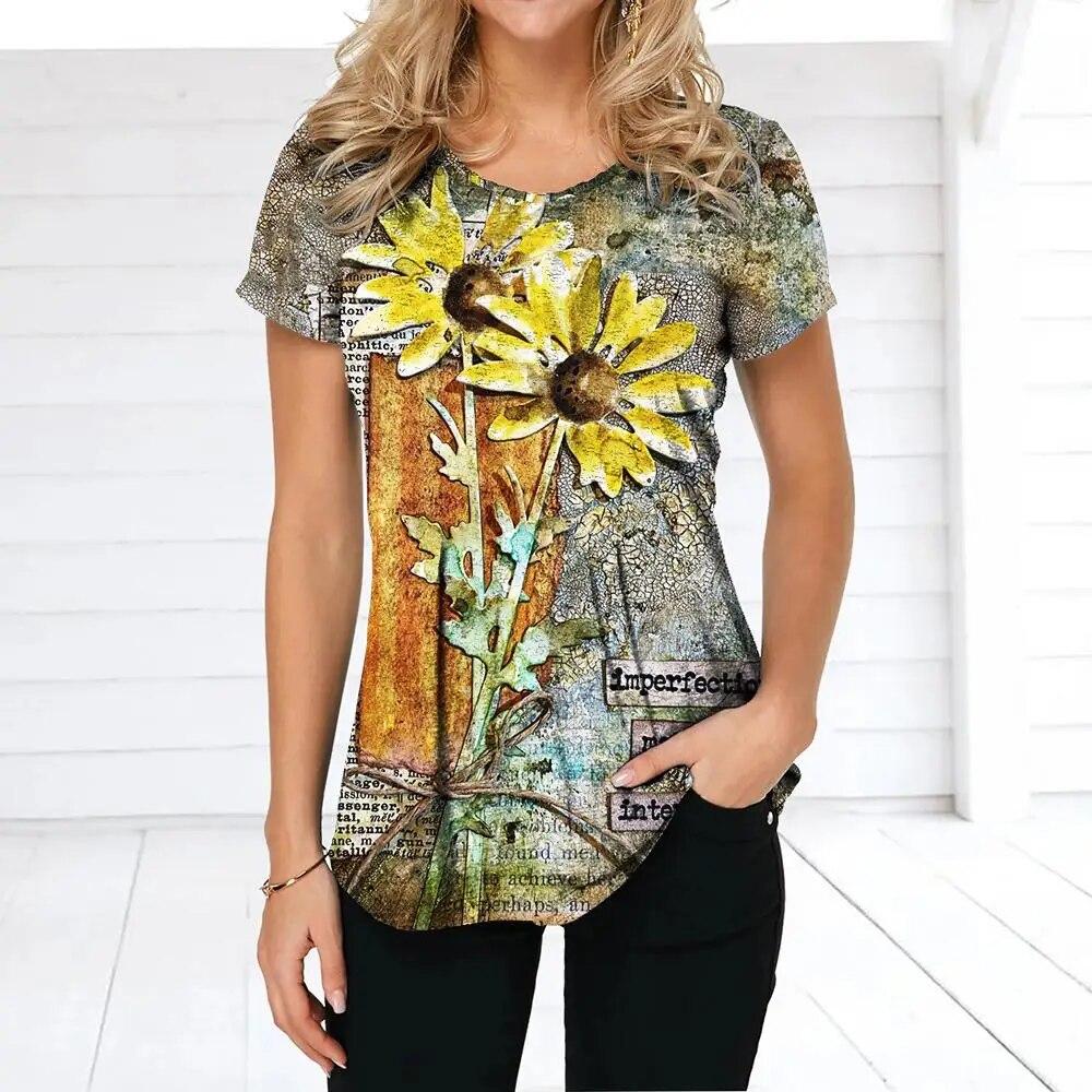 Летняя женская футболка в стиле ретро с цветочным принтом, повседневная повседневная футболка, обычный пуловер для женщин, женская одежда с коротким рукавом и круглым вырезом