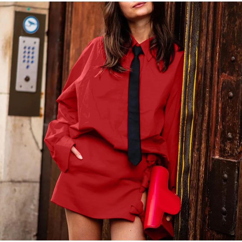 Женский комплект из 2 предметов, элегантный галстук-лацкан, свободные рубашки с длинными рукавами, высокая талия, завязка, бант, мини-юбка, женские наряды 2025 года, женская уличная одежда