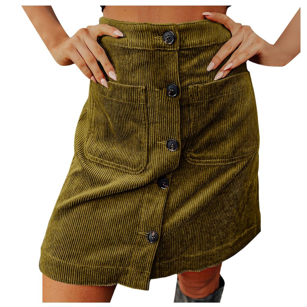 Women's Fashion Solid Color High Waist Corduroy Skirt Button Design Short Skirt