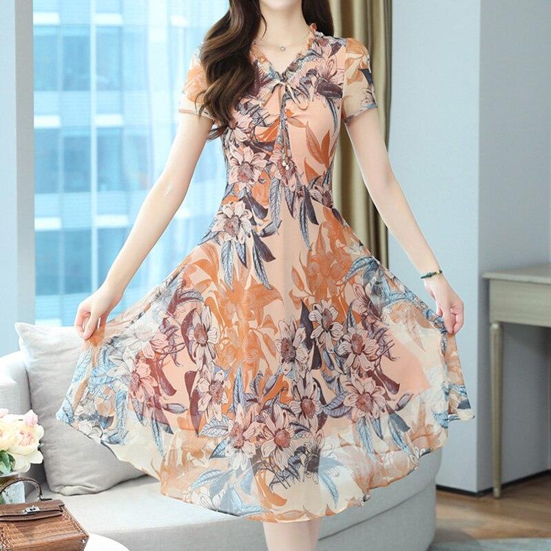 Short Sleeve Floral Summer Dress Vintage Chiffon Long Dress Women 2023 Loose Party Midi Dresses Elegant Bodycon Robe 23966