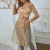 Korean Fashion Women Mesh Jacket Puff Sleeve Sunscreen Shirt Net Yarn See Through Spring Summer Lace-up Long Shirt Thin Coat