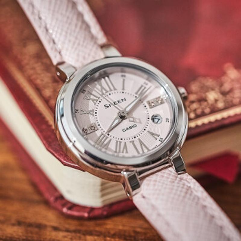 Casio Серия CASIOSHEEN простая повседневная мода кварцевый механизм кожаный ремешок японские и корейские часы женские часы розовый циферблат SHE-4029L-4A