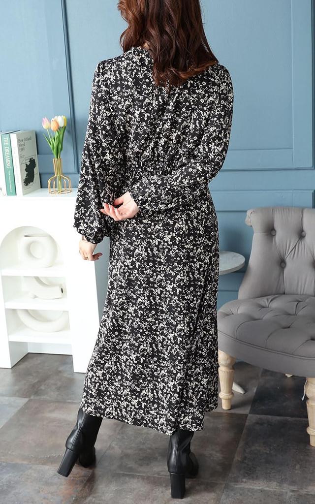 Gold Japan Plus Size Long Floral Small Floral Size Black fem-450 Women's Dress, Sleeve, Cache-Coeur Print, Print, Flared, Stretchy, Winter, Spring,