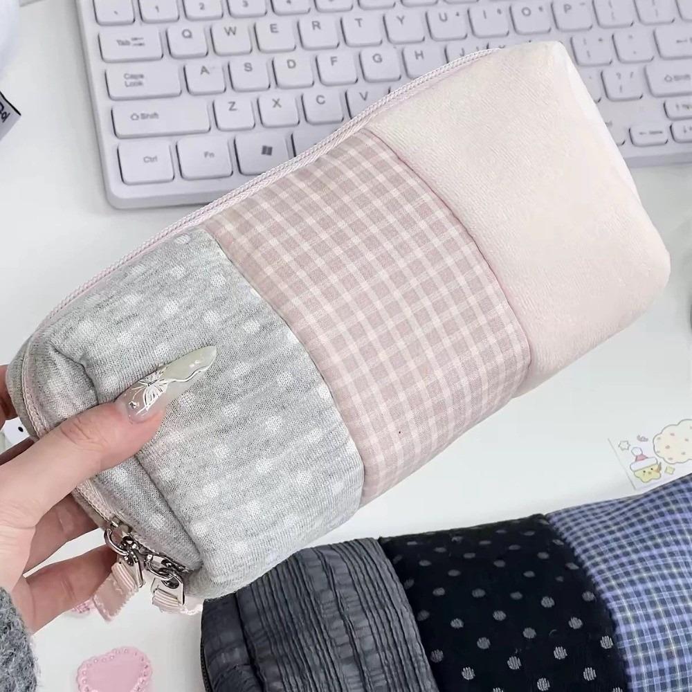 Plaid Pattern Pencil Case Polka Dot Patchwork Pencil Case Japanese Style Pen Bag Office Use