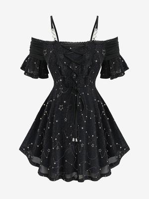 Rosegal Plus Size Star Stamping Lace-up Кружевная отделка Открытые плечи Оборки Топ