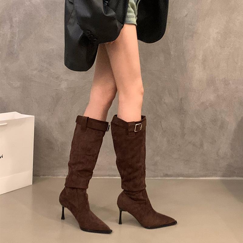 Острый носок на высоком каблуке женские эластичные сапоги до колена модные элегантные туфли для танцев осенние женские современные длинные сапоги
